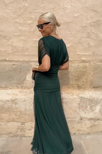 V-Neck Party Maxi Dress – Pleated-Waist Occasion Dress