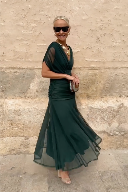 V-Neck Party Maxi Dress – Pleated-Waist Occasion Dress