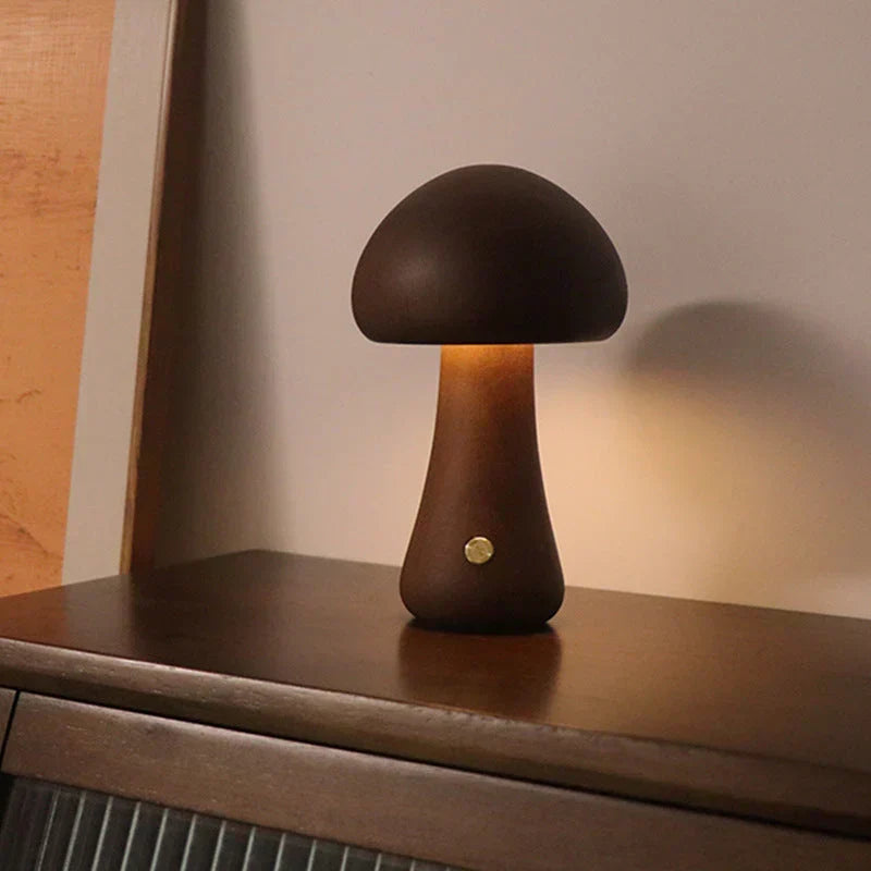 Wooden mushroom LED touch table lamp