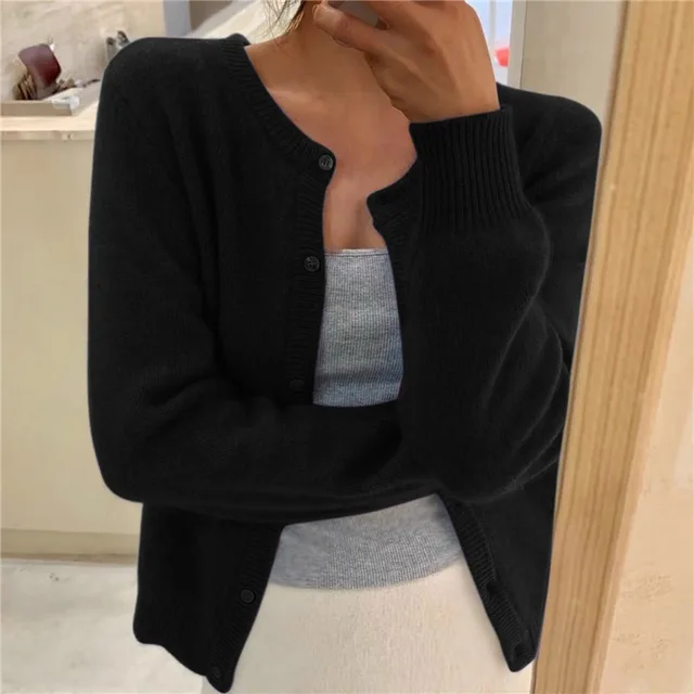 Women's Knit Cardigan – Crew-Neck Long-Sleeve Cardigan