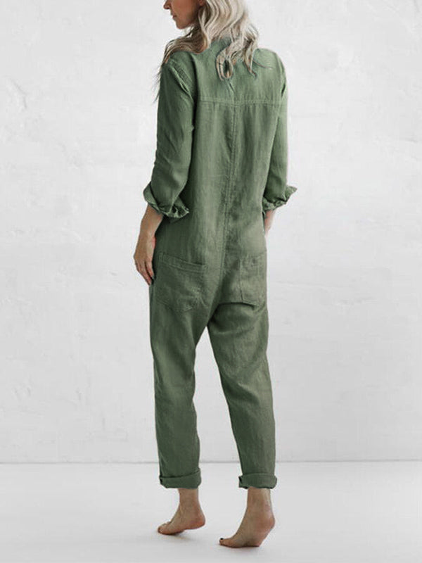 Women's 100% cotton long-sleeve button-front jumpsuit