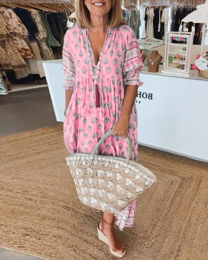 Women's Floral V-Neck Dress – Midi Summer Dress