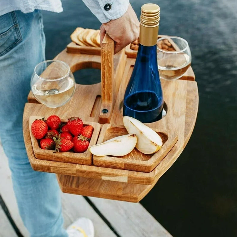 Oak portable picnic wine table with bottle and glasses