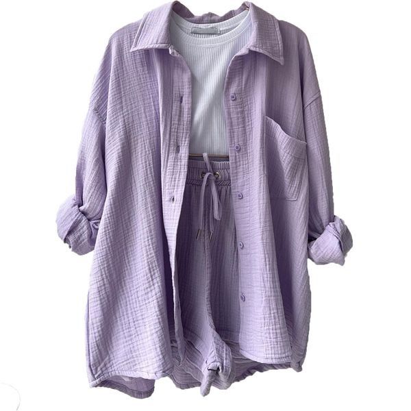 Women's summer suit set with long-sleeve shirt and cropped trousers