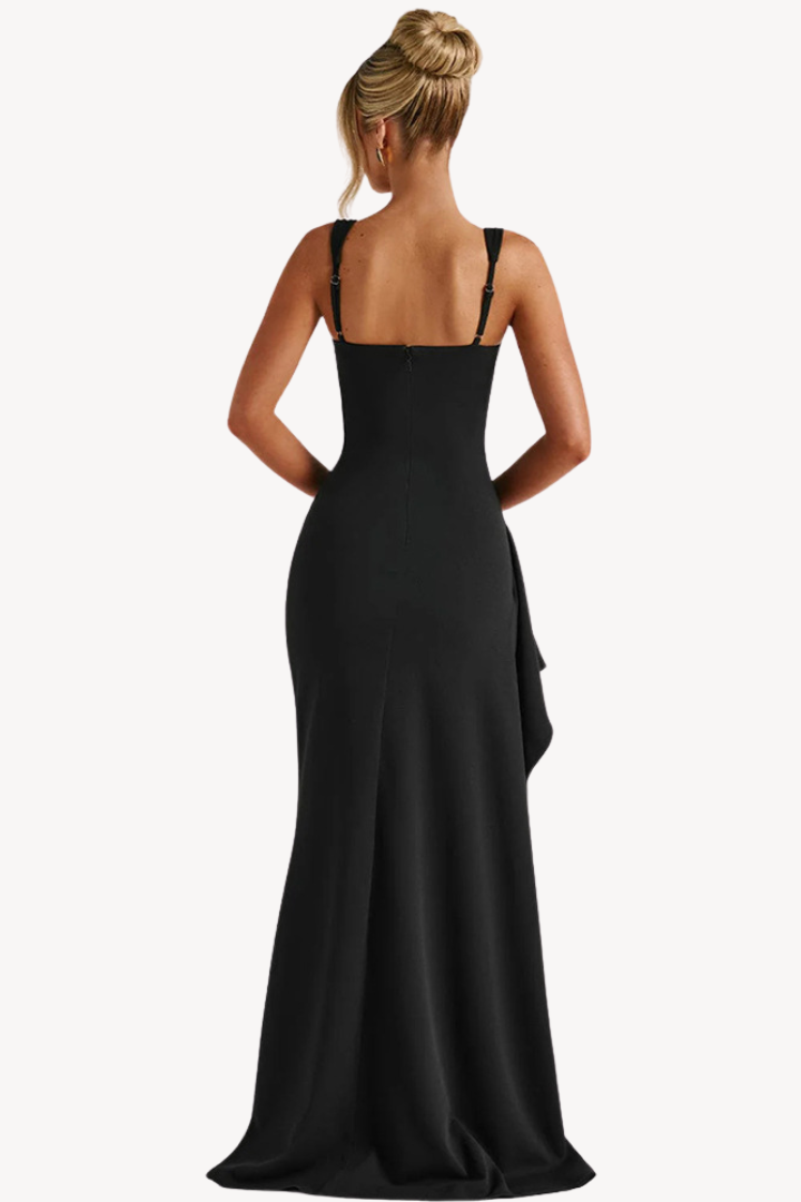 Women's black evening maxi dress with square neckline and side slit