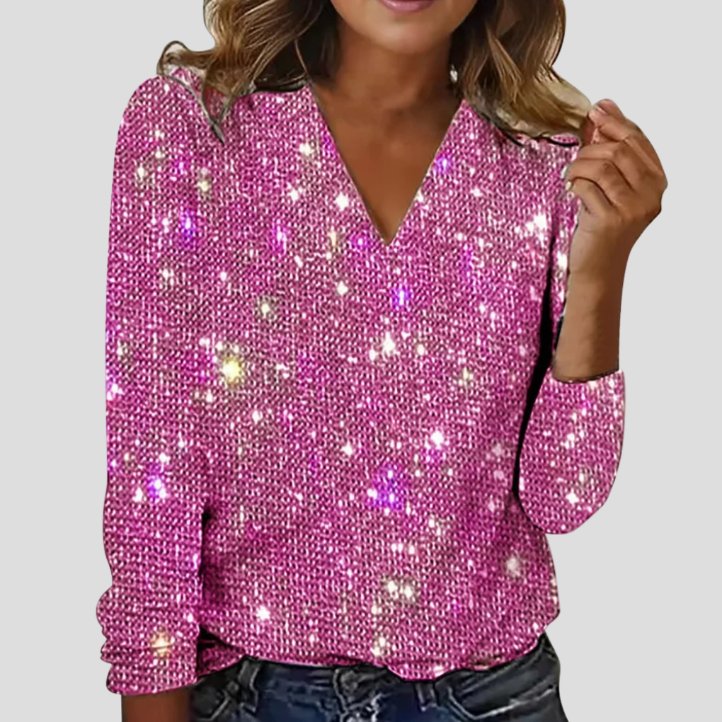 Women's Sequin Blouse – Sparkly V-Neck Long-Sleeve Party Top