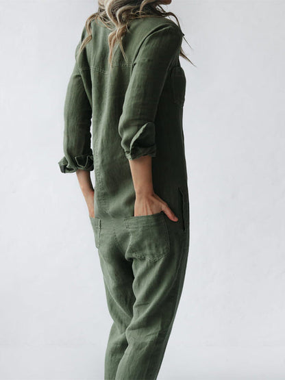 Women's 100% cotton long-sleeve button-front jumpsuit