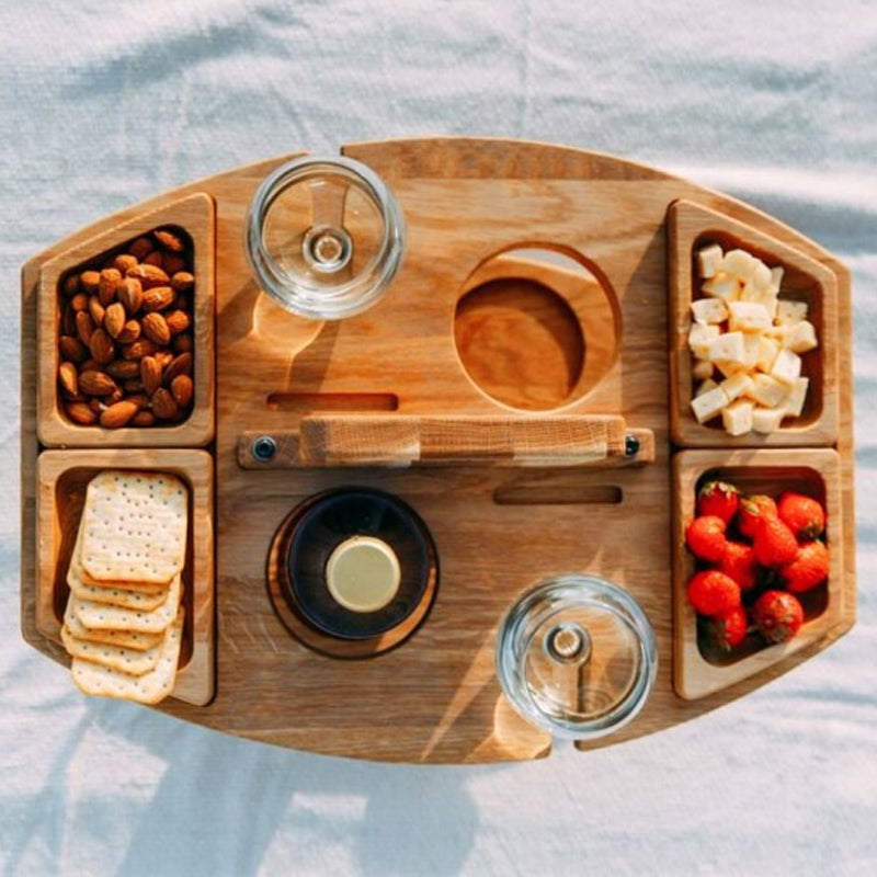 Portable Wooden Picnic Wine Table – Folding Serving Tray with Bottle & Glass Holders
