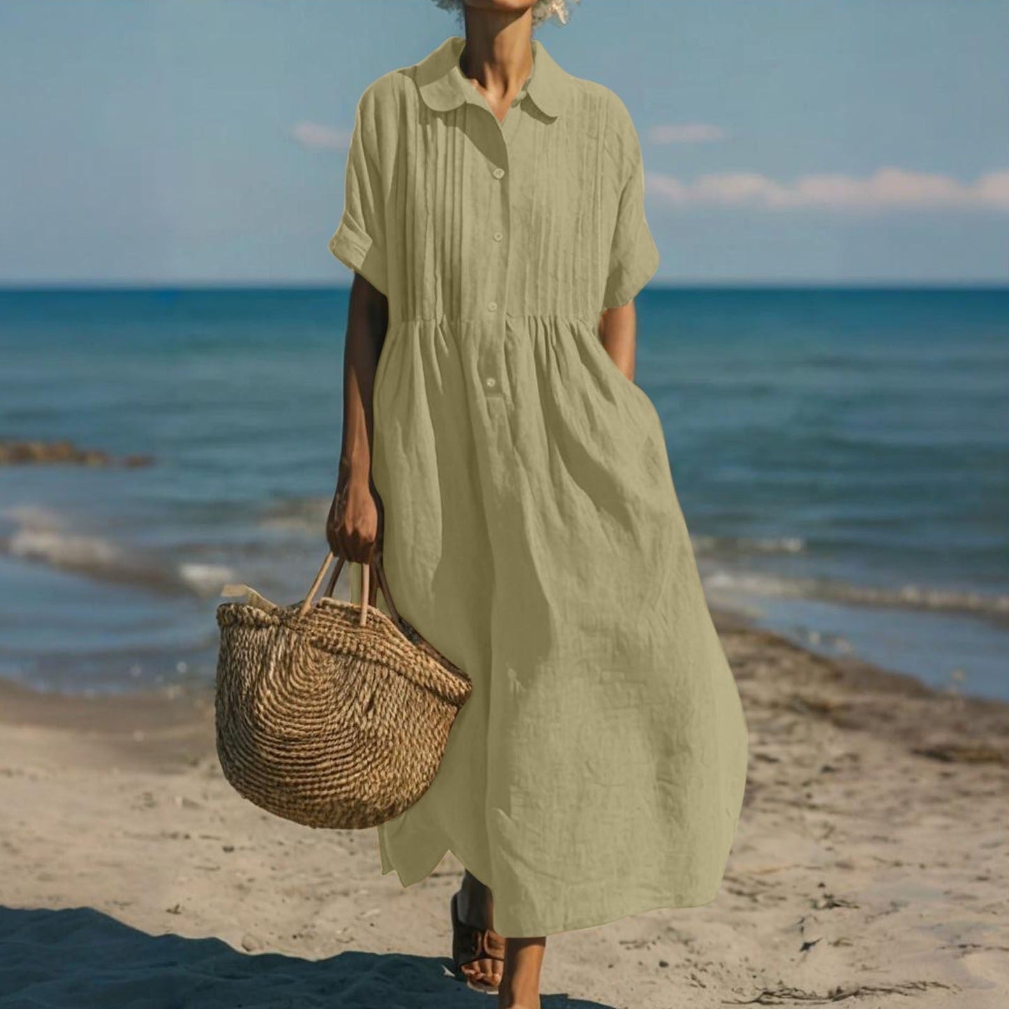 Women's collared button-front cotton midi shirt dress