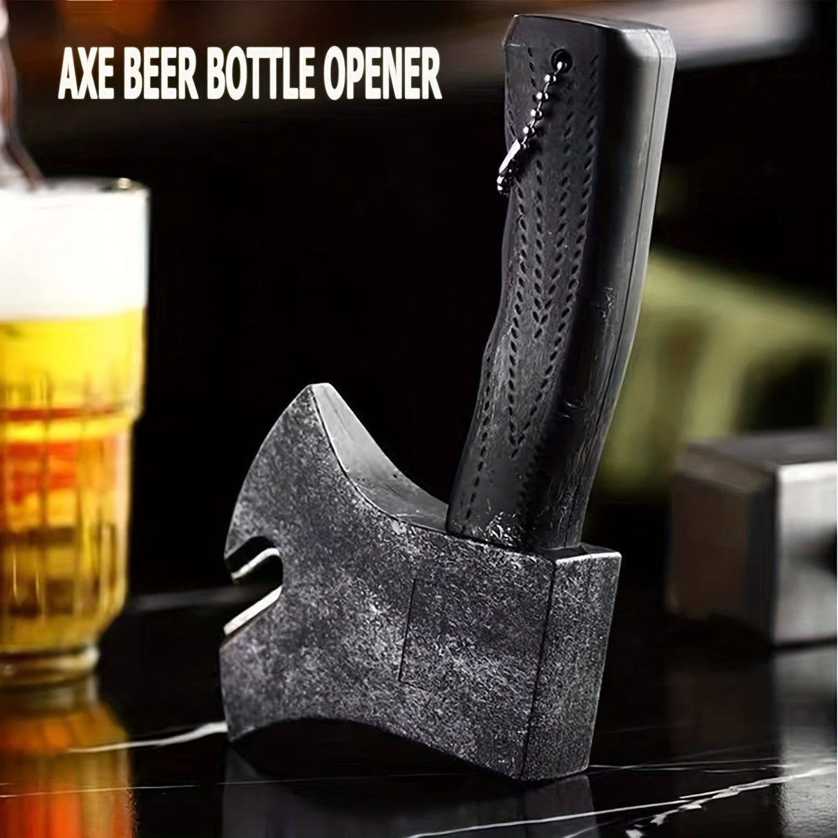 Novelty axe-shaped bottle opener with textured grip