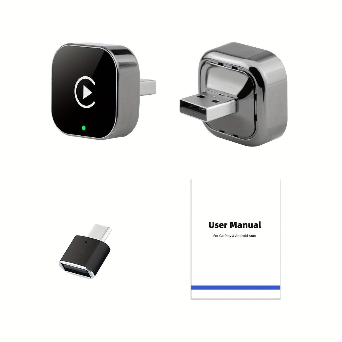 Wireless 2-in-1 CarPlay and Android Auto adapter dongle with USB and USB-C
