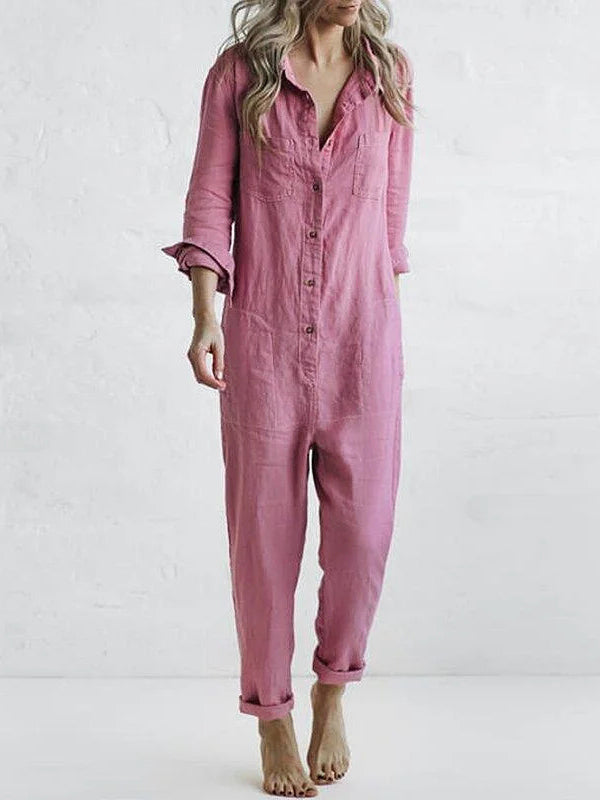 Women's 100% cotton long-sleeve button-front jumpsuit