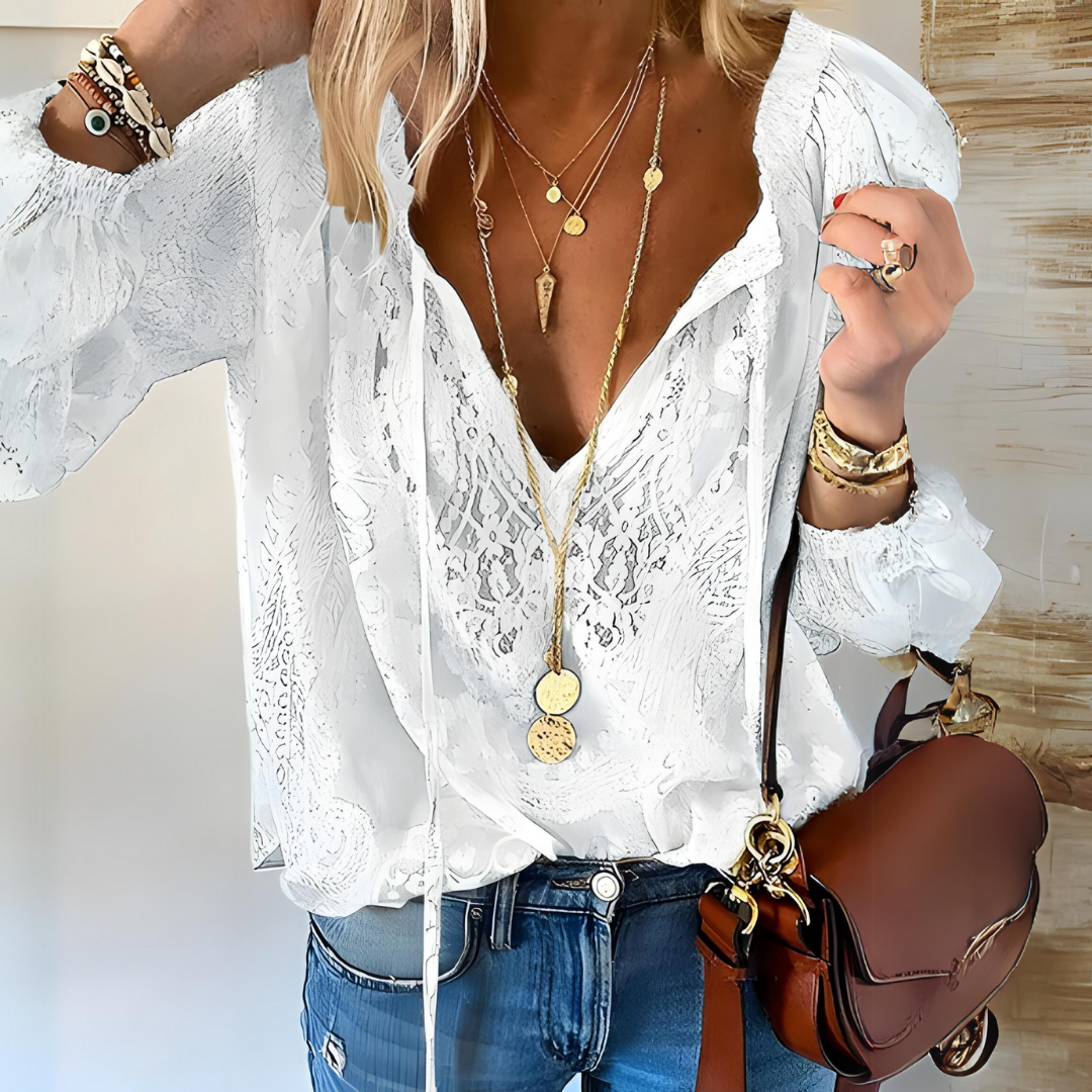Women's boho lace V-neck blouse with a relaxed flowing fit