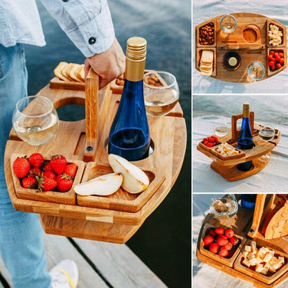 Portable Wooden Picnic Wine Table – Folding Serving Tray with Bottle & Glass Holders
