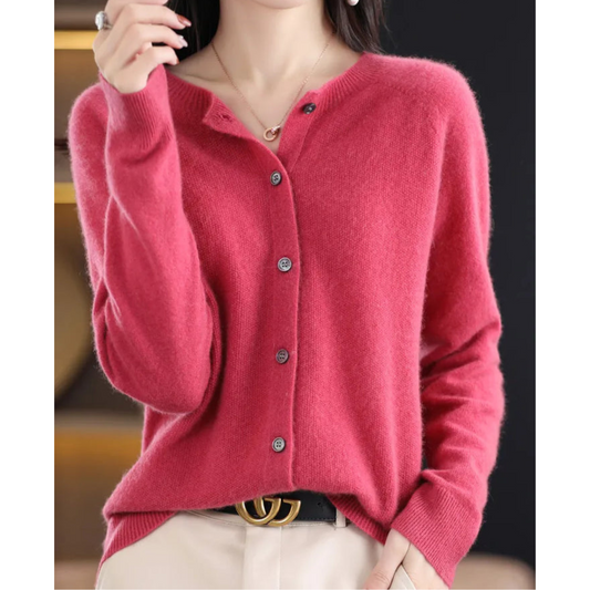 Women's dark pink crew-neck button-front knit cardigan