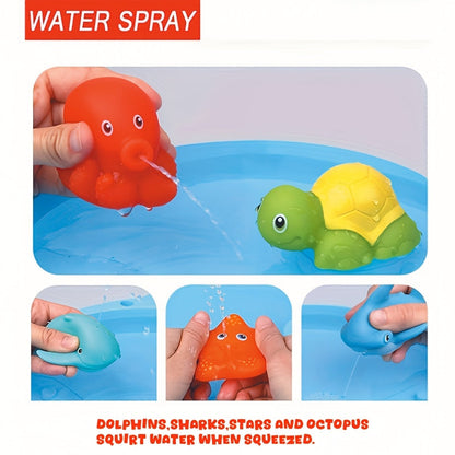Bath toy set with floating sea animals and nets