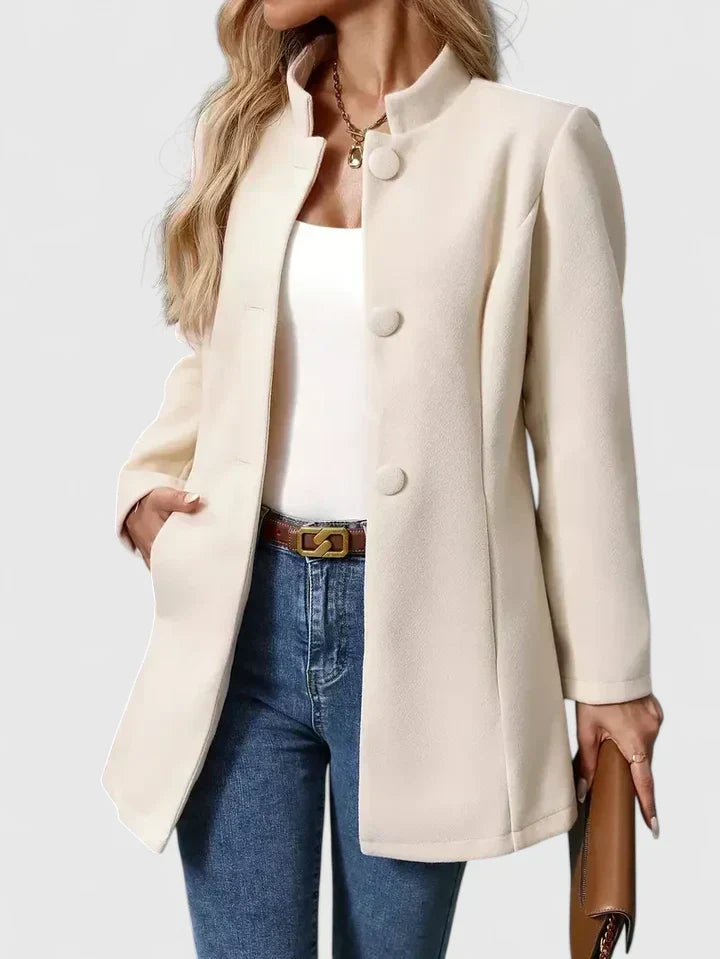 Women's Collarless Jacket – Elegant Button-Front Wool-Blend Jacket