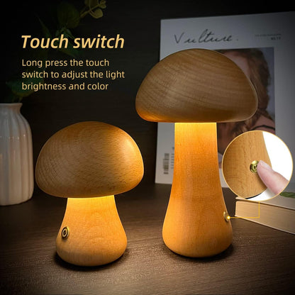 Wooden mushroom LED touch table lamp