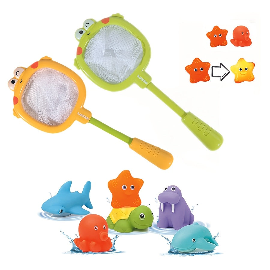 Bath toy set with floating sea animals and nets