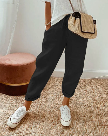 Women's tapered linen trousers - detail