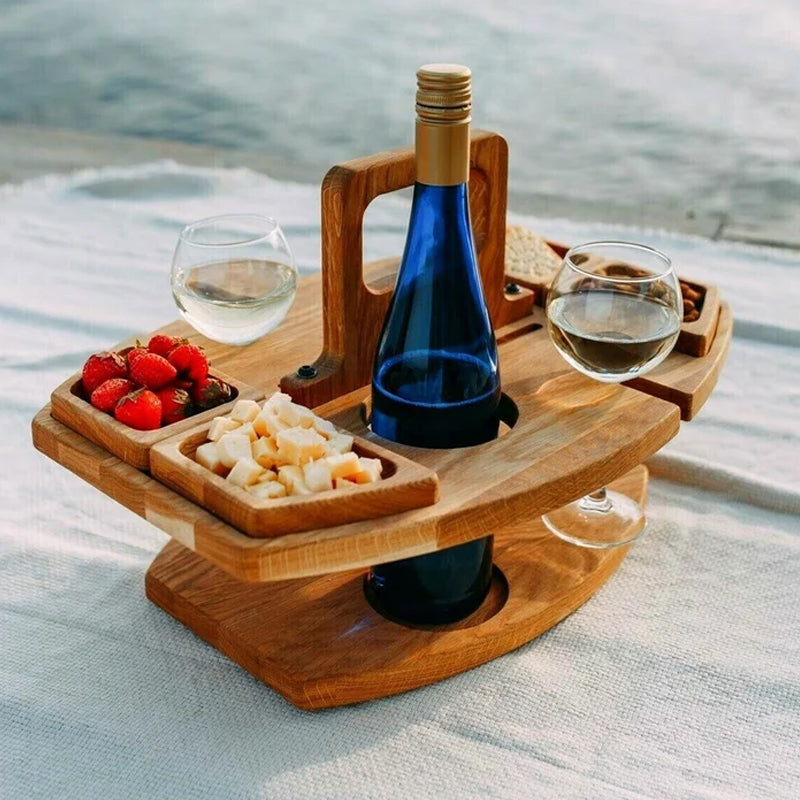 Oak portable picnic wine table with bottle and glasses