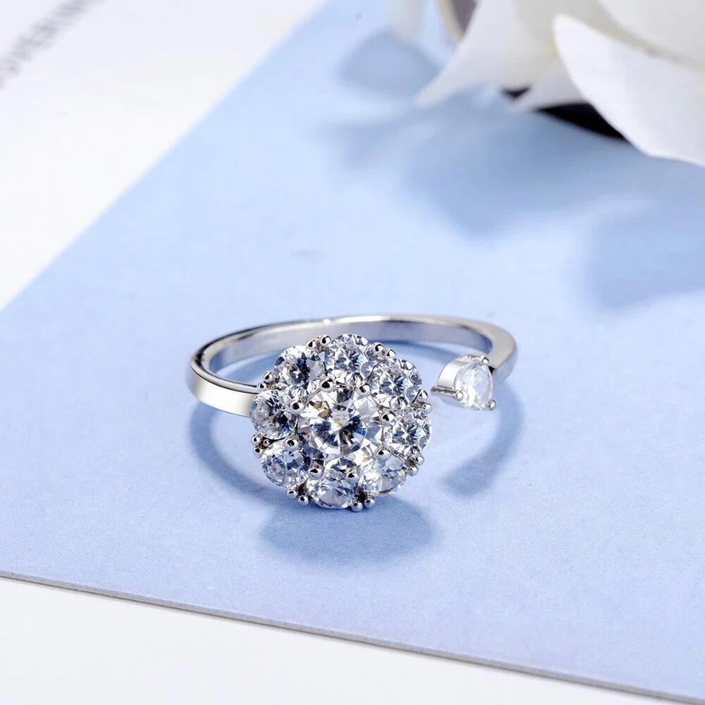 Adjustable 925 Sterling Silver Ring with Spinning Cubic Zirconia