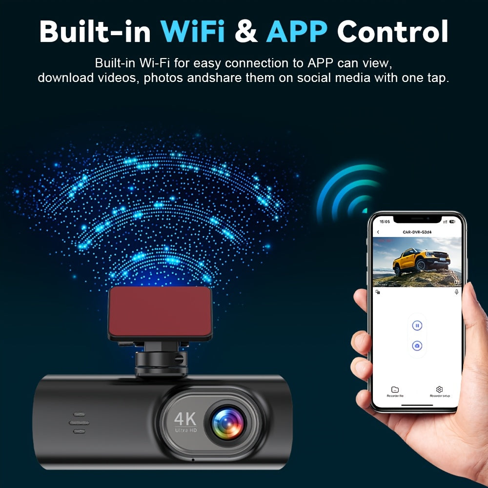 4K Ultra HD car dash cam with wide-angle lens