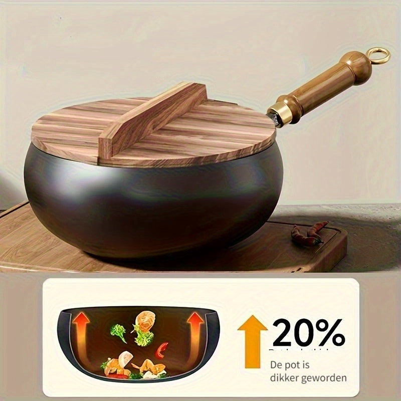 Cast iron pan with wooden handle and lid