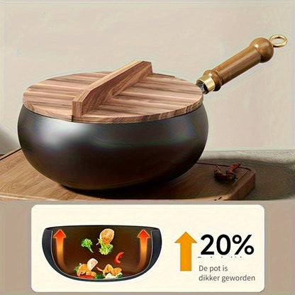 Cast iron pan with wooden handle and lid