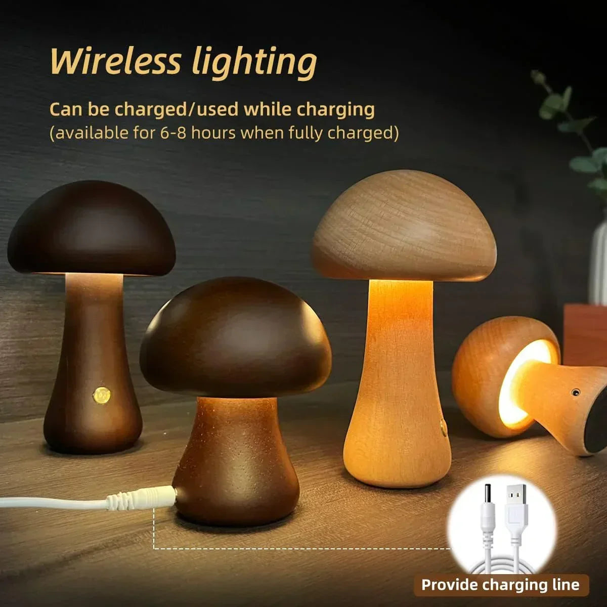 Wooden mushroom LED touch table lamp