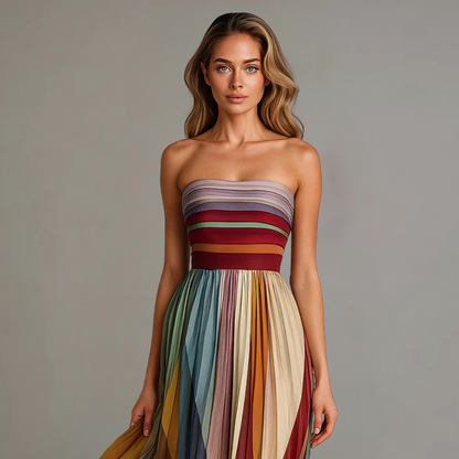Women's strapless pleated colourful maxi dress