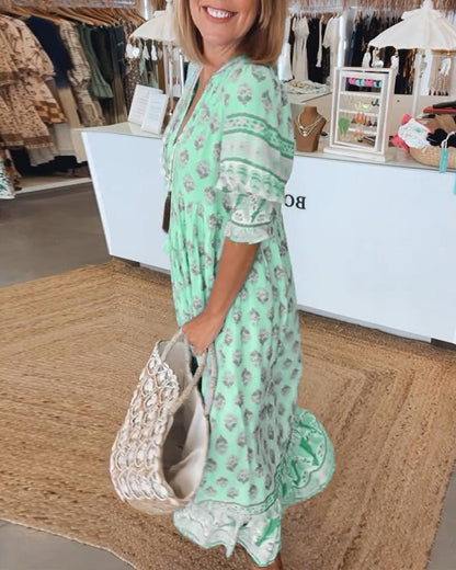 Women's Floral V-Neck Dress – Midi Summer Dress