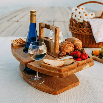 Portable Wooden Picnic Wine Table – Folding Serving Tray with Bottle & Glass Holders