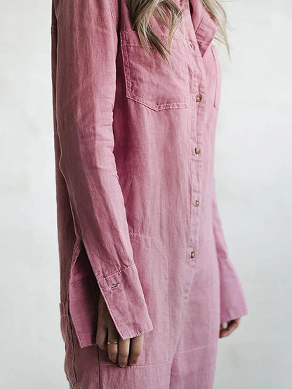 Women's 100% cotton long-sleeve button-front jumpsuit