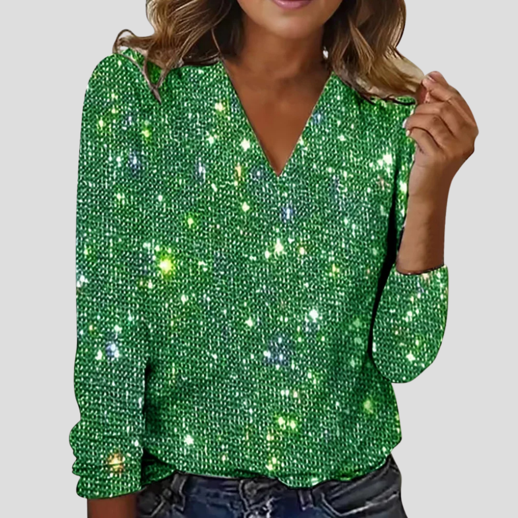 Women's Sequin Blouse – Sparkly V-Neck Long-Sleeve Party Top