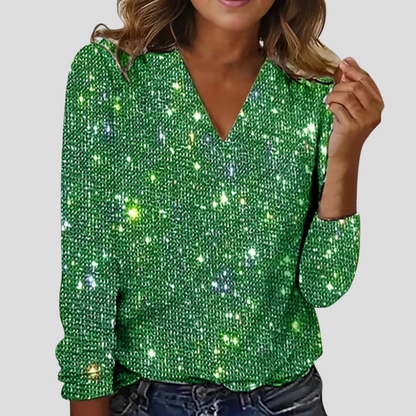 Women's Sequin Blouse – Sparkly V-Neck Long-Sleeve Party Top