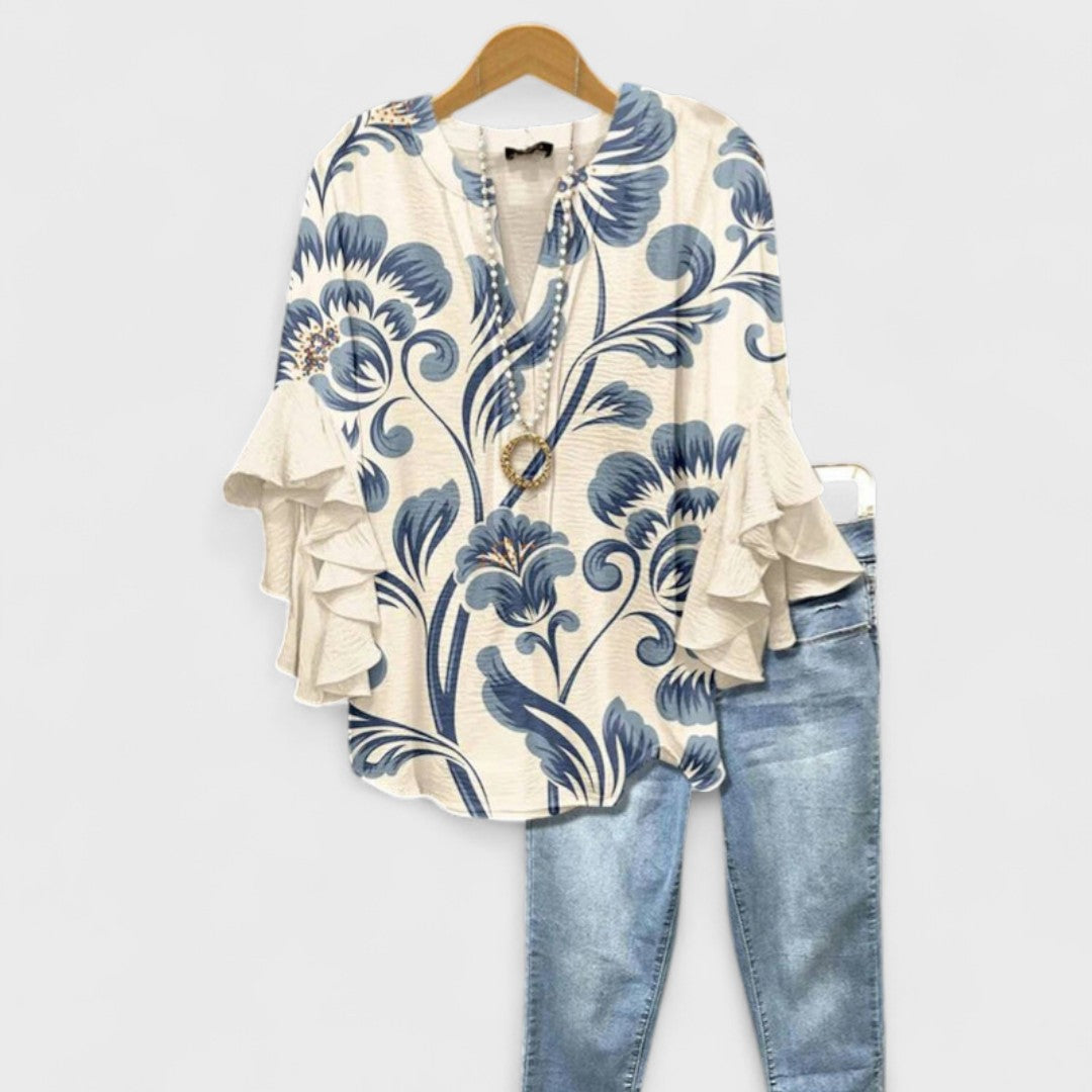 Women's V-neck ruffle-sleeve blouse - front