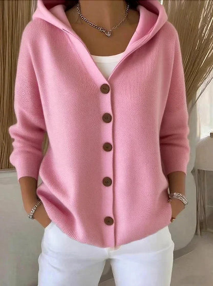 Women's pink hooded button-front knit cardigan