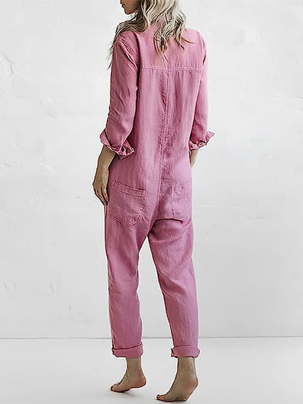 Women's 100% cotton long-sleeve button-front jumpsuit