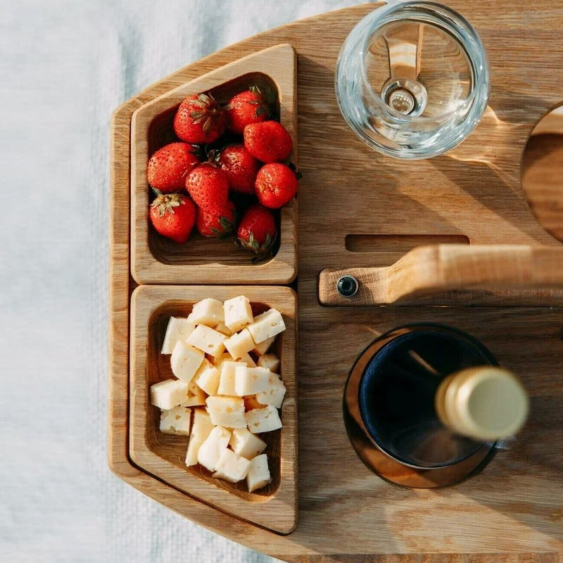 Oak Picnic Wine Table – Compact Portable Outdoor Wine Holder