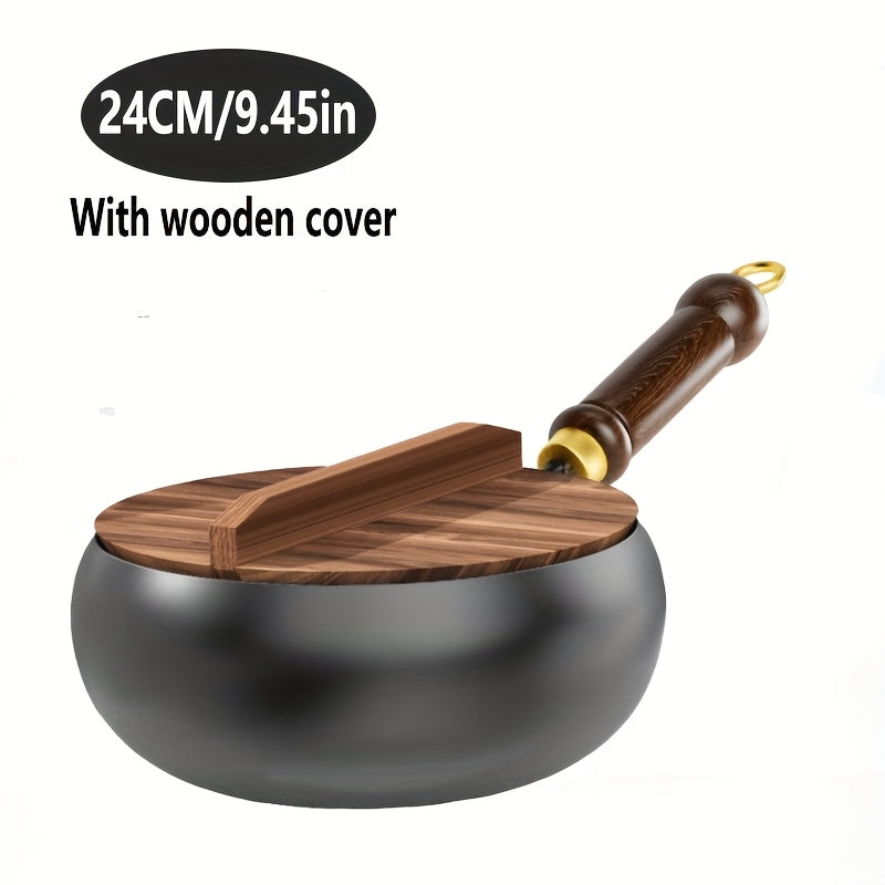 Cast iron pan with wooden handle and lid