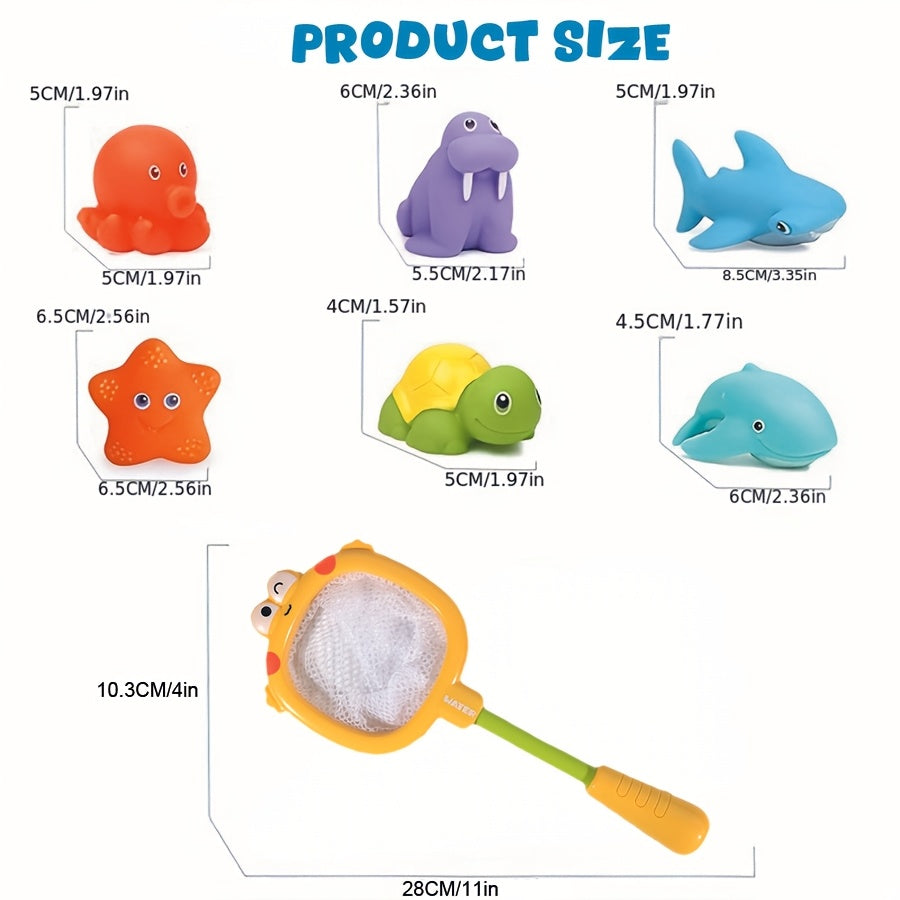Bath toy set with floating sea animals and nets
