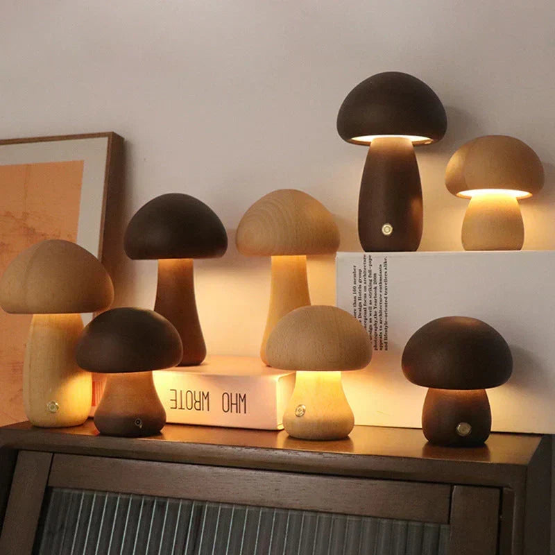 Wooden mushroom LED touch table lamp