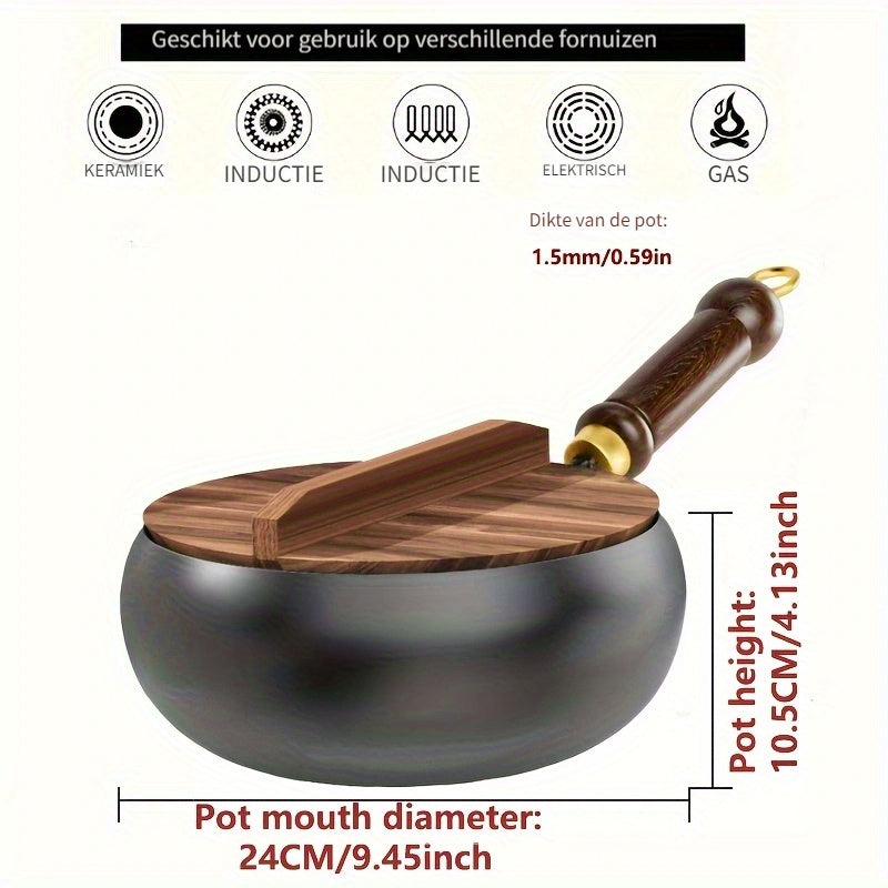 Cast iron pan with wooden handle and lid