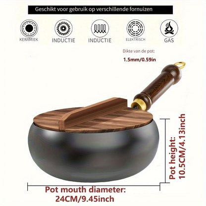 Cast iron pan with wooden handle and lid
