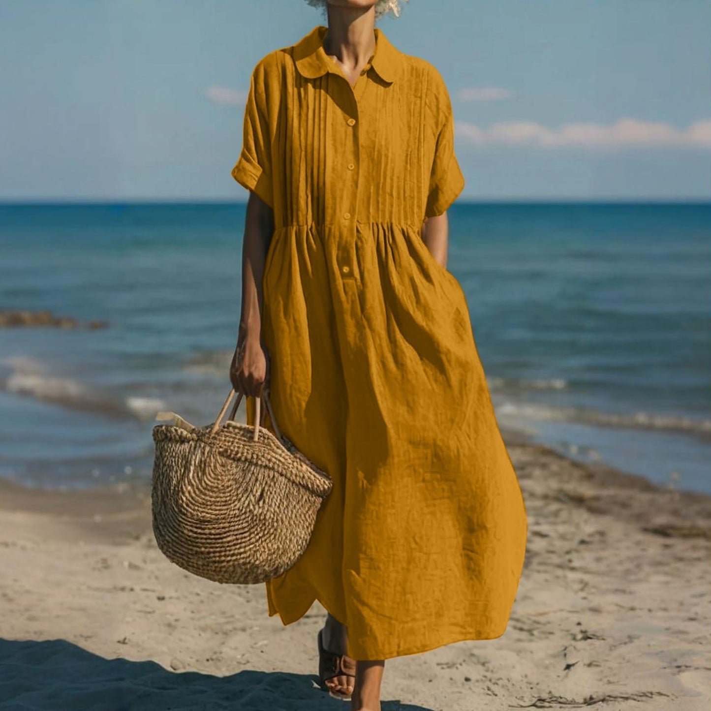 Women's collared button-front cotton midi shirt dress