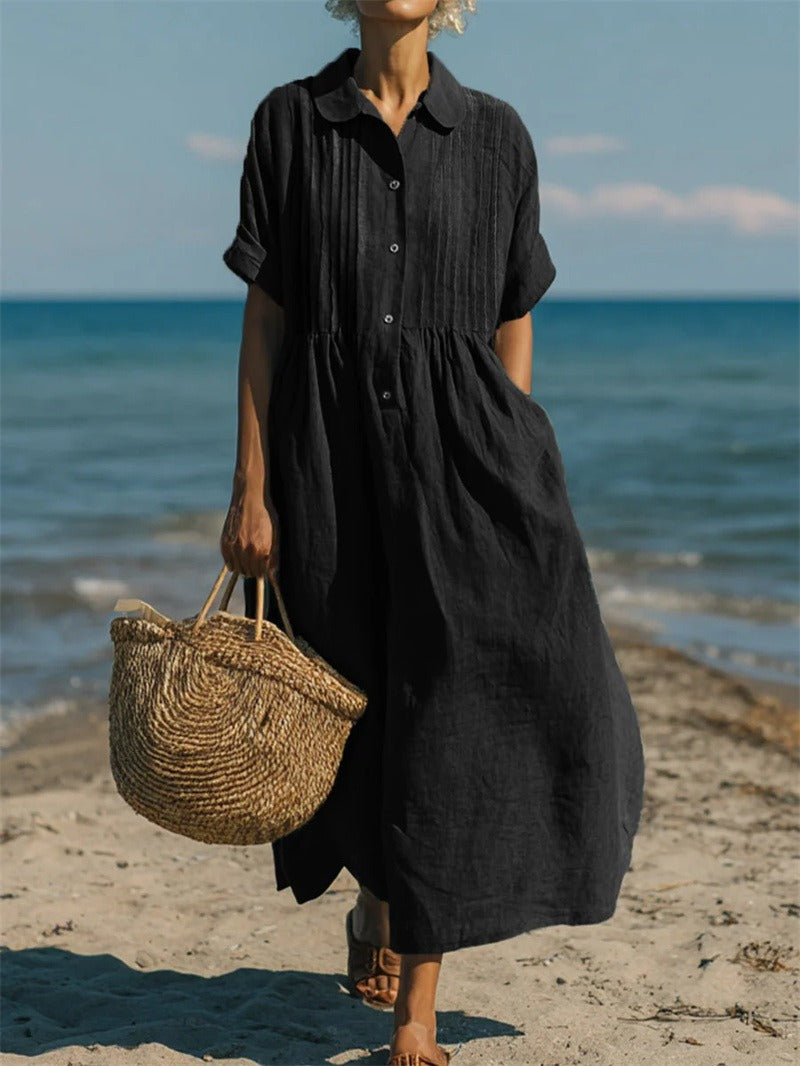 Women's collared button-front cotton midi shirt dress
