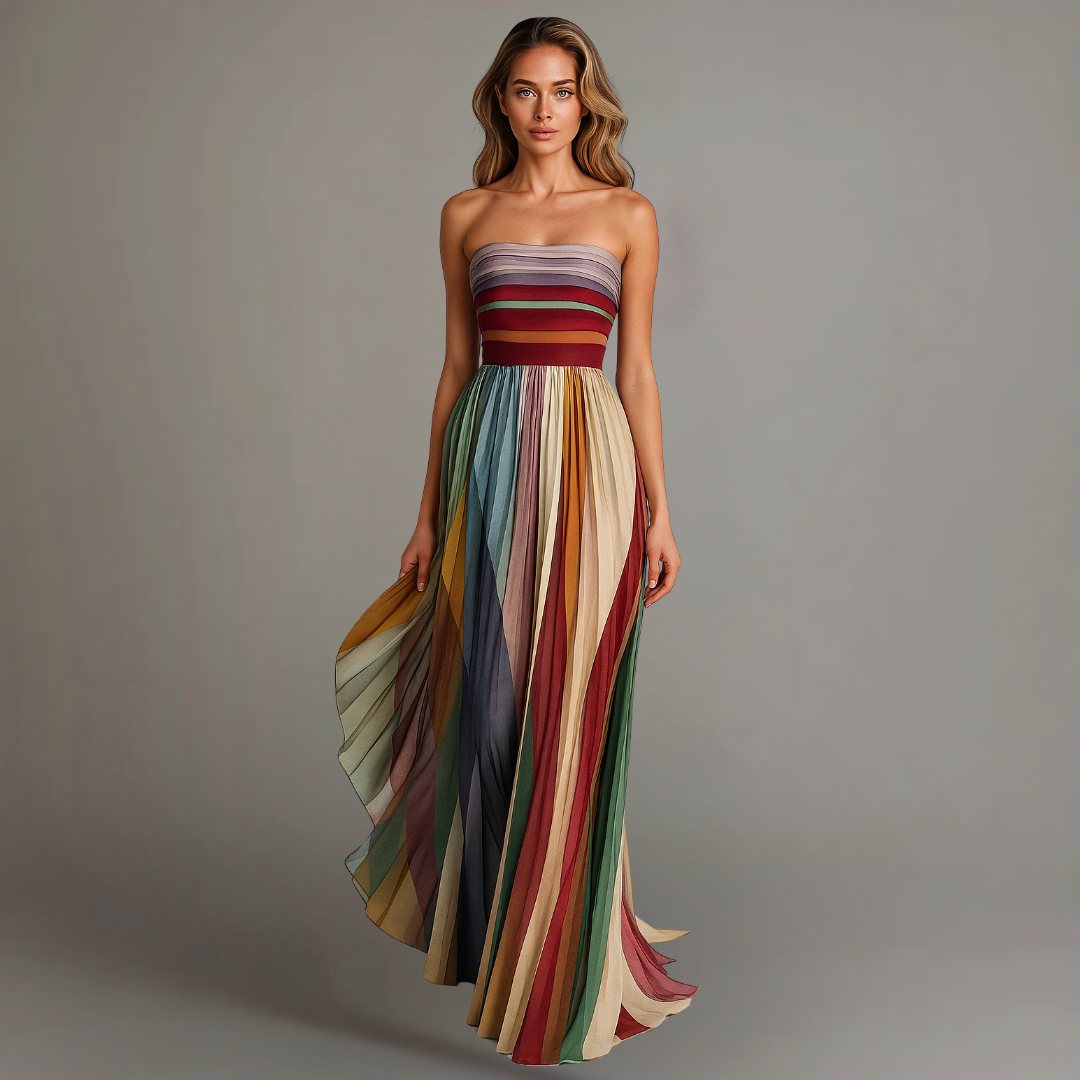 Women's strapless pleated colourful maxi dress