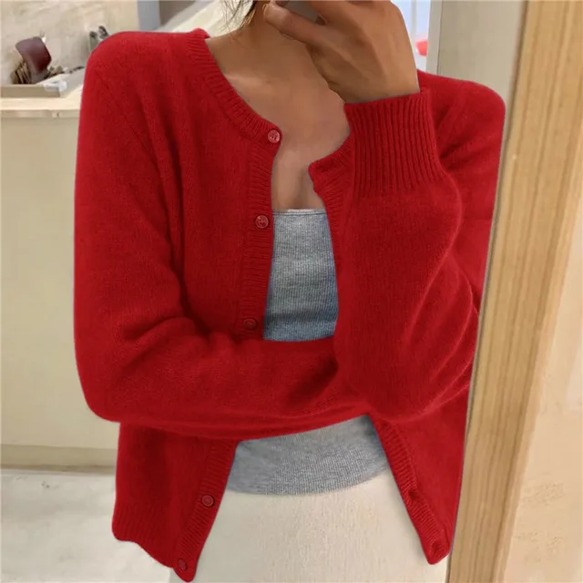 Women's Knit Cardigan – Crew-Neck Long-Sleeve Cardigan