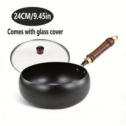 Cast iron pan with wooden handle and lid